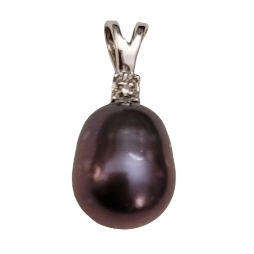 10K White Gold Gray Peacock Pearl & Tiny Diamond Pendant K739